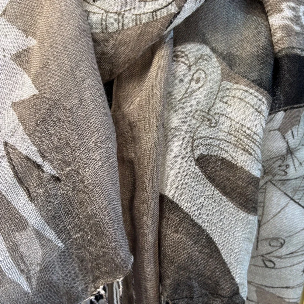 Picasso Guernica Print Scarf, Taupe Black Oversized Rectangle Silk Cotton Blend